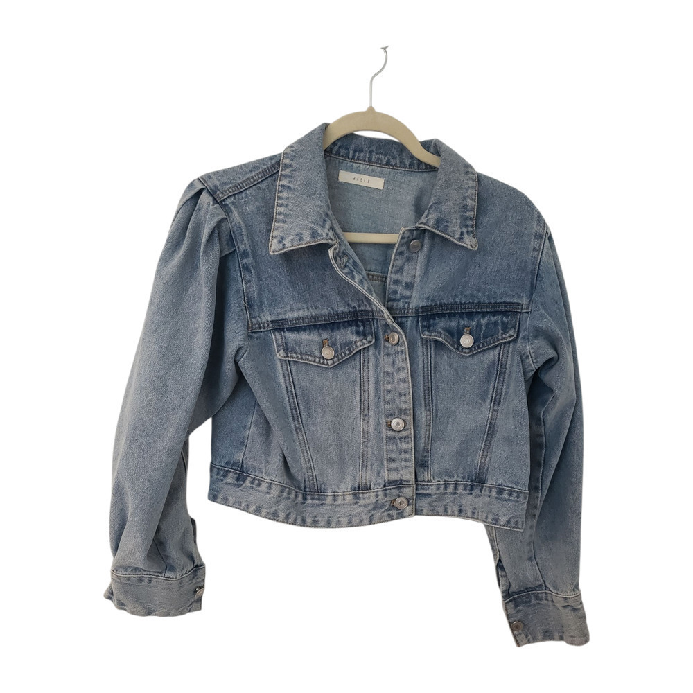 Denim Jacket Womens Large Light Wash Cropped Puff Shoulder Unworn NWOT Mable L - Picture 3 of 16